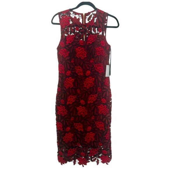 Calvin Klein Two-Tone Lace Sheath Dress - Size 6 | NWT Rosewood Red Midi - Picture 3 of 14